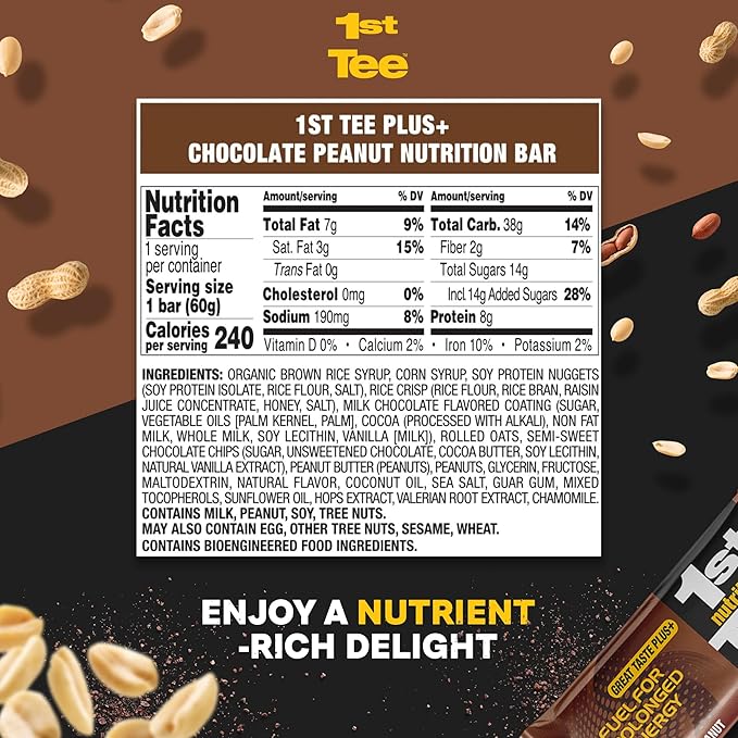 1st Tee Plus+ Chocolate Peanut Bars Great Snack bar to Keep you Cool &amp Focused when Playing your Favorite Sport | Healthy Snacks Golf Nutrition Bar 25.32-Ounce box (12 count)