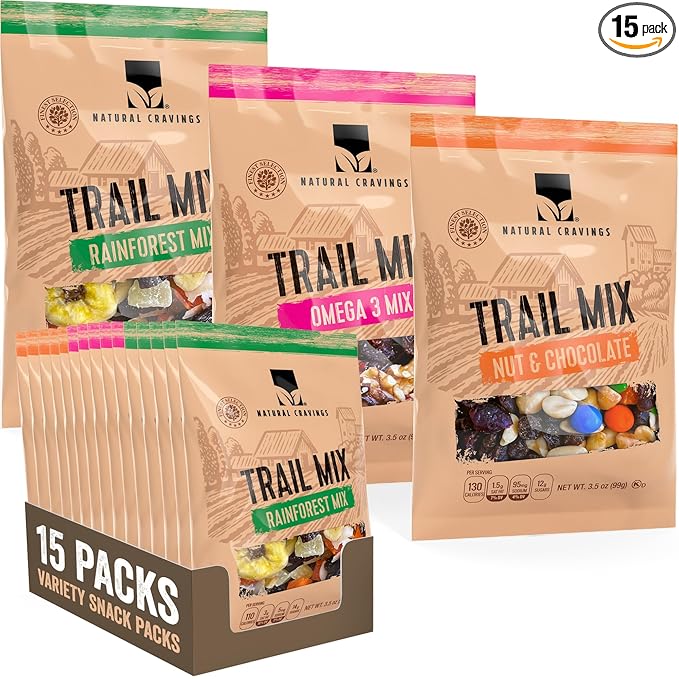 Trail Mix Snack Packs Variety - 4 Bags - Dried Fruit Mix &amp Nuts Mix with Chocolate Chips Peanuts Cranberries Raisins Walnuts Tropical Fruits - Trail Mix Individual Packs 3.5 oz