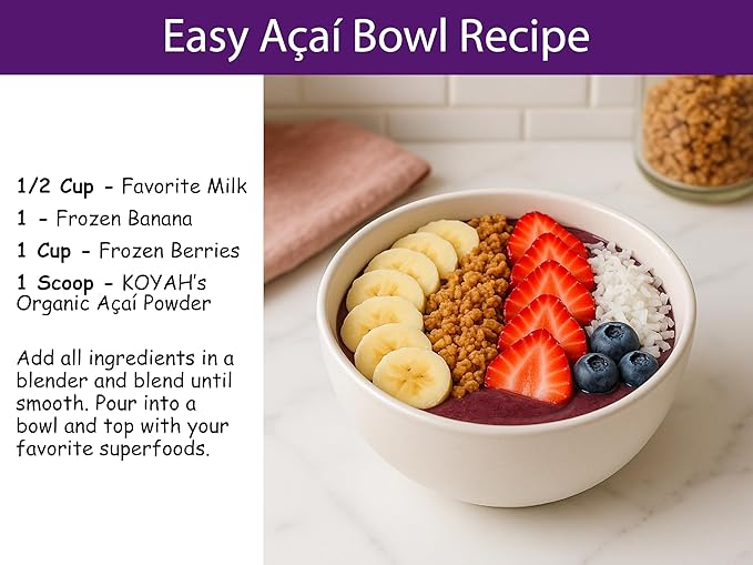 KOYAH - Organic Acai Powder (150g - 50 Servings): Brazil Grown Freeze-Dried 100% Pure No Citric Acid Added Great in Smoothies and Bowls