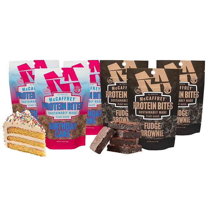 McCaffrey Protein Bites Birthday Cake + Fudge Brownie Bundle – 3-Pack of Each Flavor Vegan Gluten-Free High Fiber Energy Snacks with 4g Protein