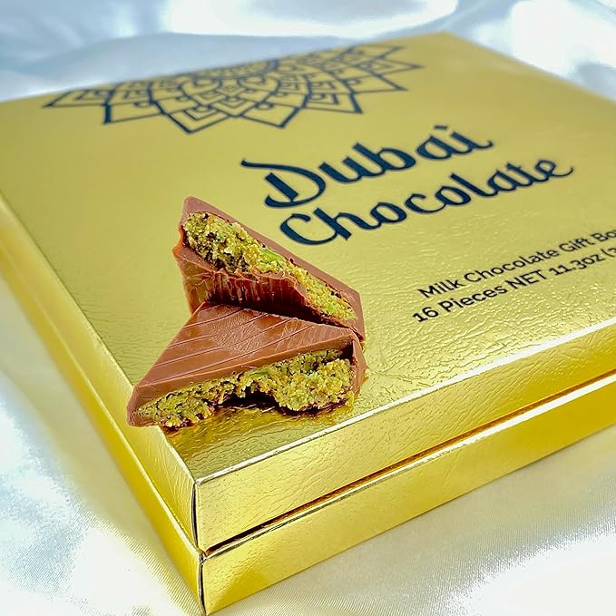 Dubai Pistachio Chocolate Gift Box – 16 Pieces x 0.7 oz) | Premium Stuffed Chocolate Gold-Wrapped Treats Inspired by Knafeh