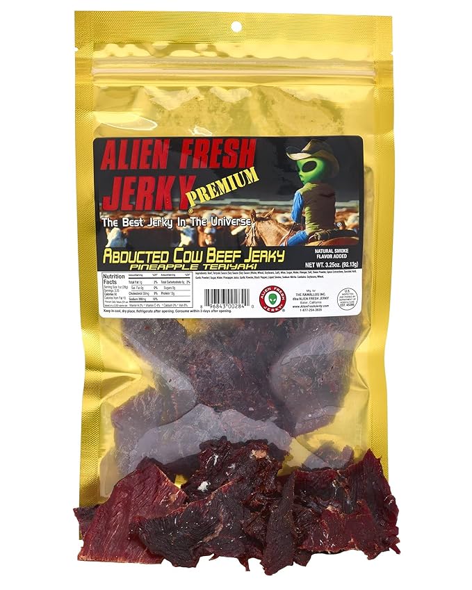 Alien Fresh Jerky | Top Trio | Sweet And Spicy - Abducted Cow Pineapple Teriyaki - Whiskey | - Variety Pack - Premium Beef - Low Calorie Snack - The Best Jerky In The Universe - Made In USA 3 Pack Sam