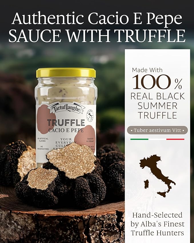 TartufLanghe Cacio e Pepe Truffle Sauce - Authentic Italian Pasta Sauce with Black Truffle &amp Pecorino Romano Cheese for Risottos Gnocchi Ravioli Imported from Italy - 10.05 oz