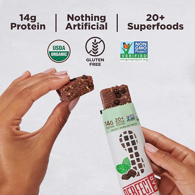 Perfect Bar Chocolate Mint Protein Bar High Protein Organic Gluten Free Soy Free Non GMO No Sugar Alcohols 2.3 Ounce Bar 24 Count
