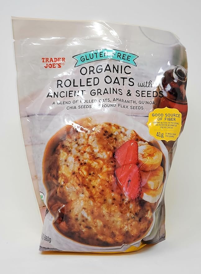 Trader Joe's Gluten Free Organic Rolled Oats with Ancient Grains &amp Seeds Blend of Rolled Oats Amaranth Quinoa Chia Seeds Ground Flax Seeds 41 grams of Whole Grains per Serving Good source o
