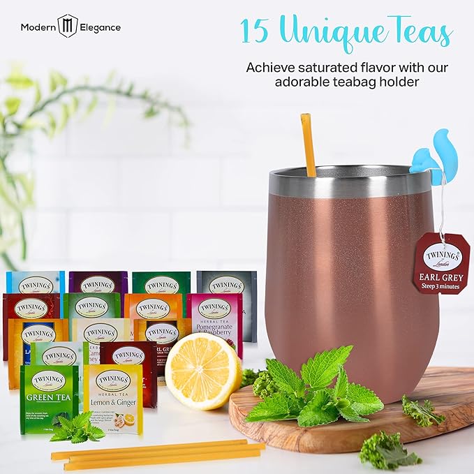 Modern Elegance Tea Tumbler Gift Set – Includes Tea Bag Holder Spoon Honey Straw 15 Assorted Flavor Blends &amp Hot &amp Cold 12oz Insulated Tumbler – Ideal for Holiday Gift for Tea Lovers – Rose