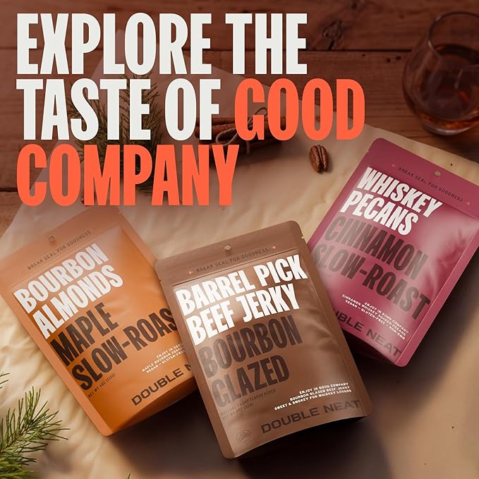 Double Neat Barrel Pick Bourbon Glazed Beef Jerky – Gluten Free – Whiskey Infused Sweet and Smokey High Protein Healthy Snacks – Low Sodium – Gourmet Easter Beef Jerky Gifts for Men – 2 Ounces Each