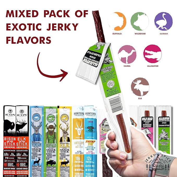 Jerky-n-Spice Exotic Beef Jerky Gift Box | Snacks Variety Pack for Adults | Exotic Meat Sticks Sampler | Jerky Gift Basket for Birthday &amp Any Occasions | Meat Bouquet Healthy Snack Box | 10 Pack