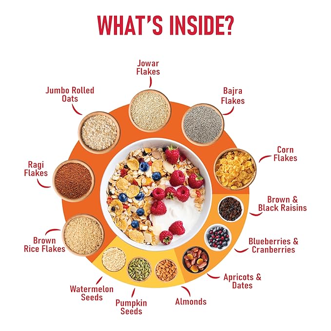 Pintola Fruit &amp Nut Muesli with 28% Millet &amp 68% Wholegrains (800g) Healthy-Fruity Breakfast cereal with 6 nuts dried fruits &amp Dates No Preservatives No added sugar|Rich in Dietary Fib