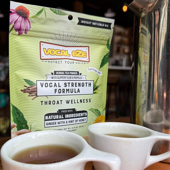 Vocal Eze Herbal Throat Coat Tea | 24 Servings | 9 Botanical Voice Soothing Ingredients | Ginger Flavor with Slippery Elm and Propolis Powder Blend | Voice Cough and Respiratory Support | 60 g