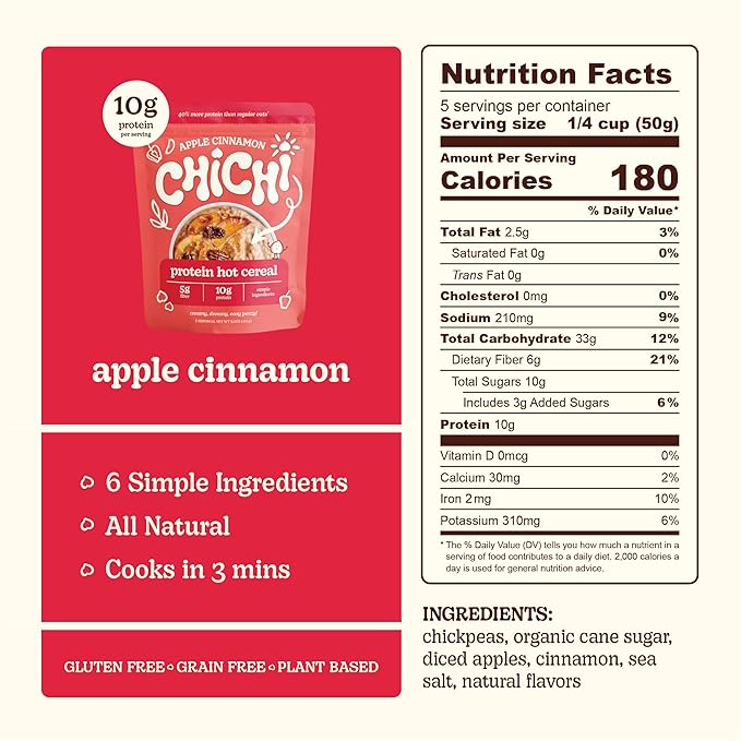 ChiChi – Protein Hot Cereal | Apple Cinnamon (8.8 oz x 4 pouches 20 servings) —Made with Chickpeas Protein-packed (10g) High Fiber Made with Simple Ingredients Grain Free Gluten Free Vegan