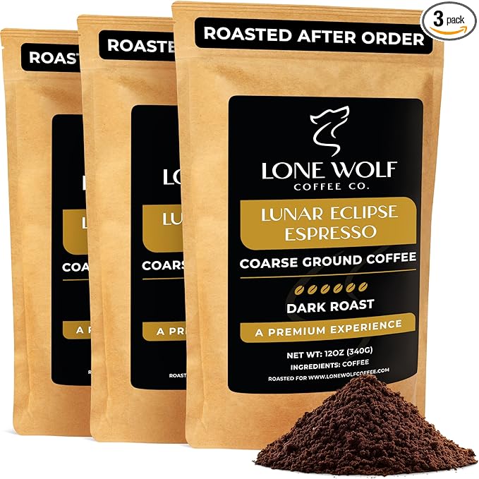 Lunar Eclipse Espresso - 3-Pack - Freshly Roasted After Your Order – Specialty Grade Low Acid Artisanal Dark Roast Coarse Ground Coffee No Bitterness Ethically Sourced – Pack of 3 (12 Ounces Each)