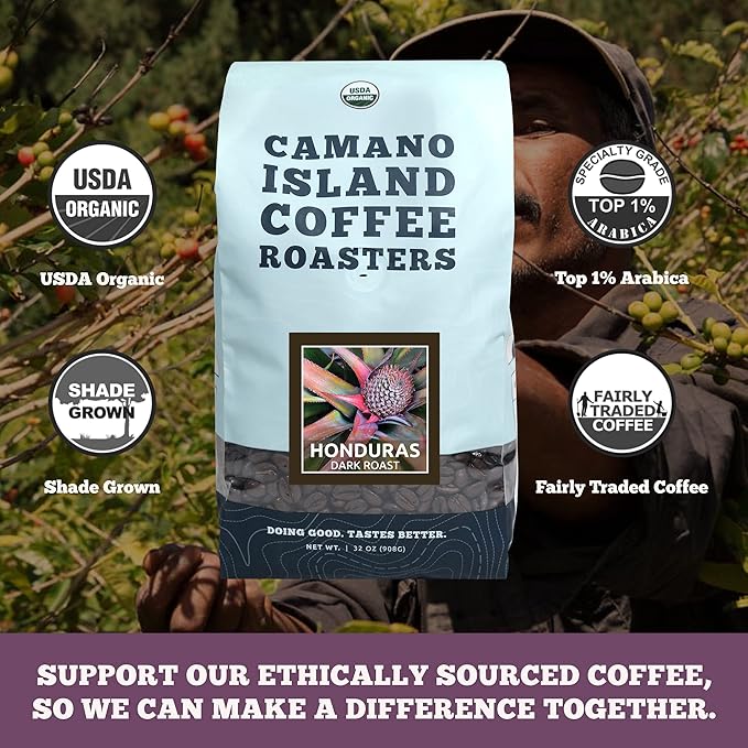 Camano Island Coffee Roasters Roasters Honduras Dark Roast Ground 2lb Fresh Small Batch Roasted USDA Organic Fairly Traded Shade Grown Top 1% Arabica - Molasses Brown Sugar Cinnamon Flavor