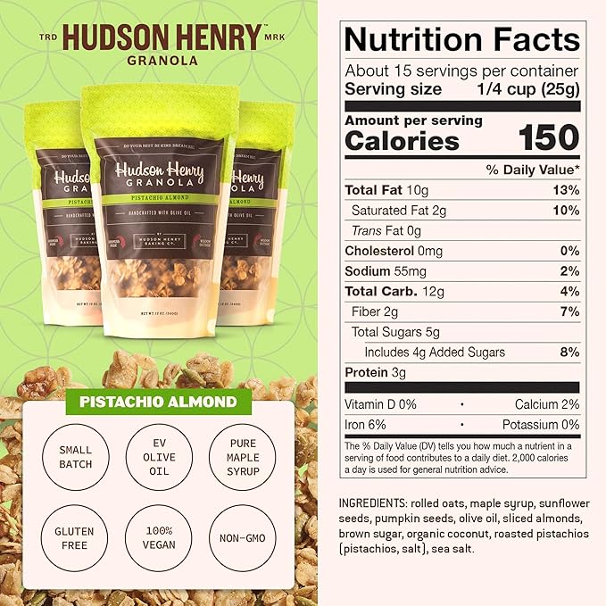 Hudson Henry Pistachio Almond Granola for Yogurt Snacking &amp Cereal | Gluten Free with Nuts and Seeds | Cashew Granola Non-GMO Small Batch Baked | 3 x 12 oz Bags