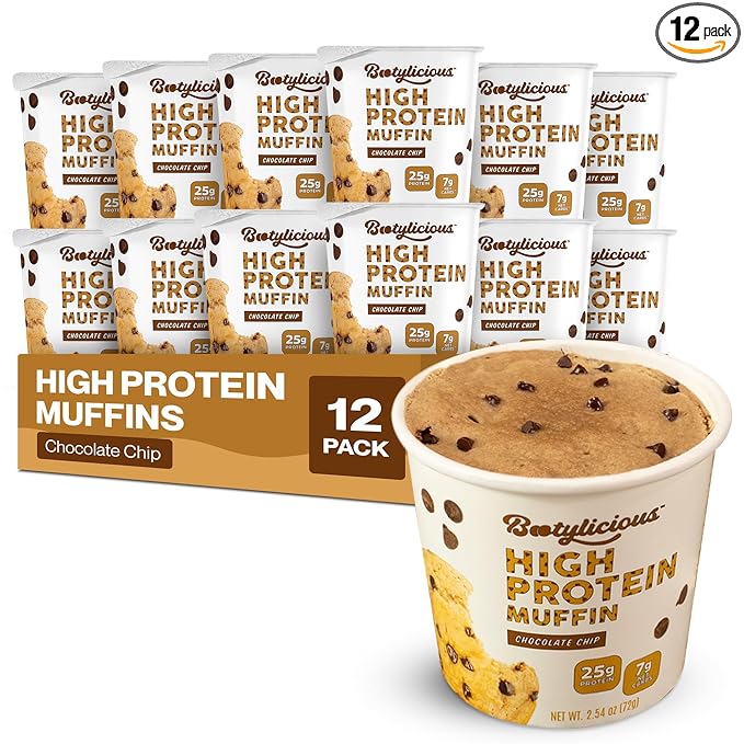 Bootylicious | 25g Protein Muffin | Chocolate Chip | Low Carb 16g Fiber Low Glycimic Index Low Sugar 2.39oz Cup 12-Pack