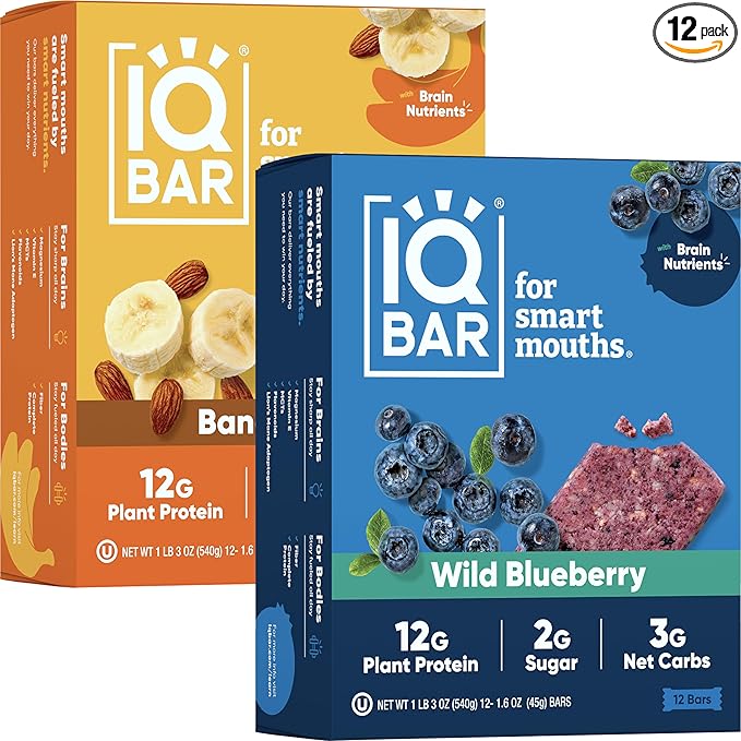 IQBAR Clean Plant Protein Bars - Banana Nut + Wild Blueberry 12 Count Bundle - Keto Vegan High Fiber Gluten and Dairy Free Low Sugar Snack - Brain and Body Nutrients for Focus Energy