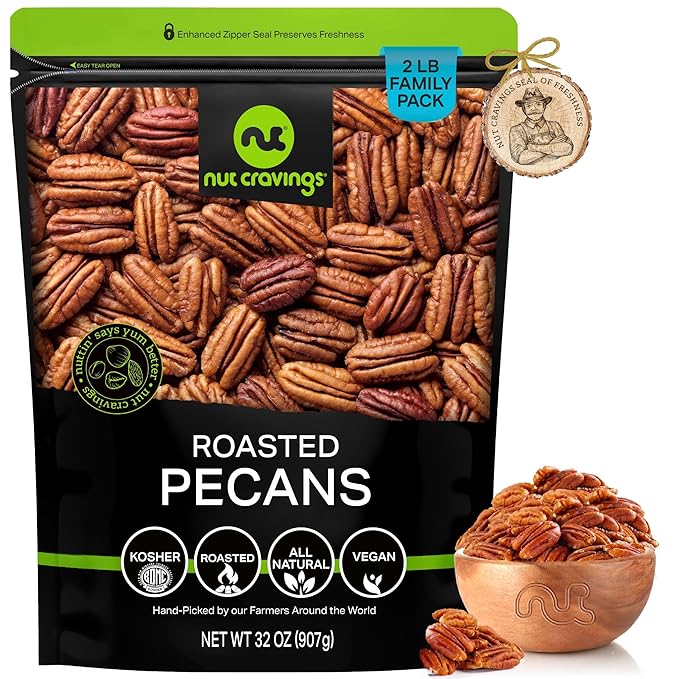 NUT CRAVINGS - Pecans Halves Roasted &amp Unsalted No Shell (32oz - 2 LB) Bulk Nuts Packed Fresh in Resealable Bag - Healthy Protein Food Snack Food Assortments