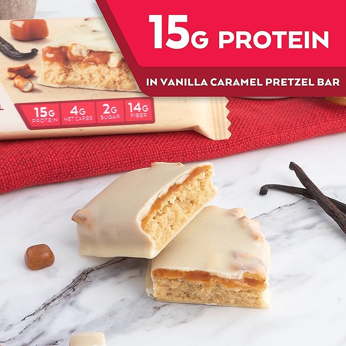Atkins Vanilla Caramel Pretzel Protein Meal Bar High Fiber 2g Sugar 4g Net Carbs Meal Replacement Keto Friendly 5 Count