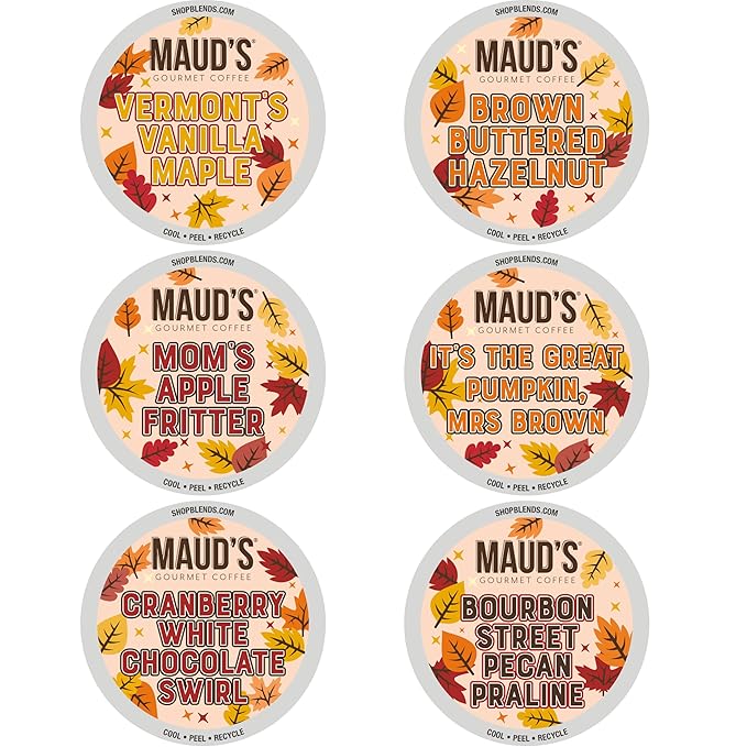 Maud's Fall Flavored Coffee Pods Variety Pack 42ct 6 Assorted Flavors Medium Roast Coffee in Single Serve Pods – 100% Arabica Beans Compatible with Keurig K Cups Maker