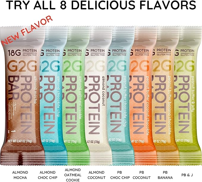 G2G Protein Bar PB Lovers 4-Pack 1 Box Each PB Choc Chip PB Coconut PB Banana PB &amp J Healthy Snack Delicious Meal Replacement Gluten-Free Refrigerated for Freshness 32 Count (4 Packs of