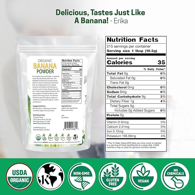Z Natural Foods Organic Banana Powder Fiber Supplement for Glowing Skin and Enhanced Immunity Great in Juice Smoothies and Recipes Non-GMO Vegan Gluten-Free Kosher 5 lbs