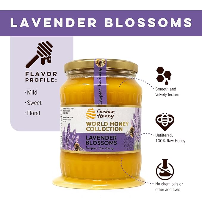 Goshen World Honey Collection - Lavender Blossoms from France - Raw Rare and Sustainable Floral Sources - Derived from Natural Flower Nectar with Antioxidants - Nature's Sweetener - 32oz