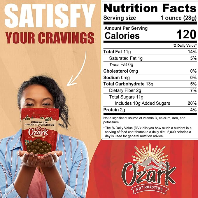 OZARK NUT ROASTERS: Chocolate Amaretto Cherries Festive Seasonal Christmas Packaging World-Class Gourmet Milk Chocolate Coated Cherries Resealable Pack (7 oz)