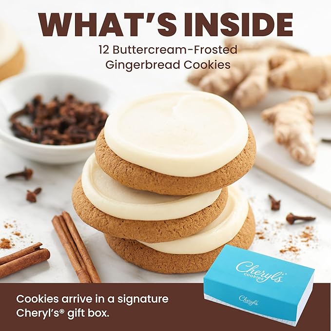 Cheryl's Cookies® Gingerbread Cookie Flavor Box Buttercream-Frosted Individually Wrapped Gourmet &amp Fresh Delivery – Christmas Gingerbread Cookies Holiday Dessert Gift for Friends Family &a