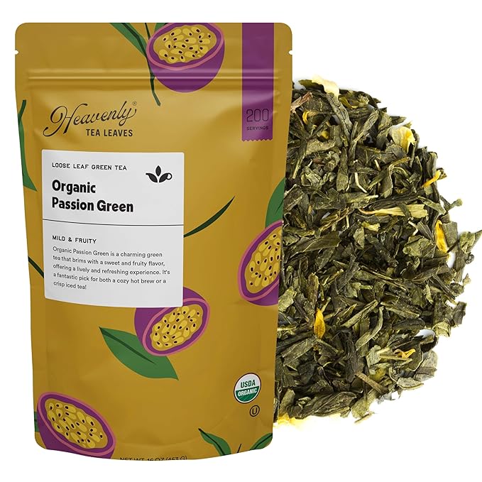 Heavenly Tea Leaves Organic Passion Green Bulk Loose Leaf Green Tea 1 Lb. (Approx. 200 Servings) - Antioxidant Rich Immune Boosting Hot or Iced Tea Great Natural Energy Source