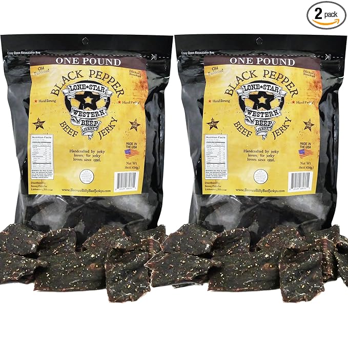 Lone Star Black Pepper Beef Jerky - 1 Pound (Pack of 2) Resealable Bags - Hickory Smoked Handcrafted Flavor - High Protein Healthy Meat Snack