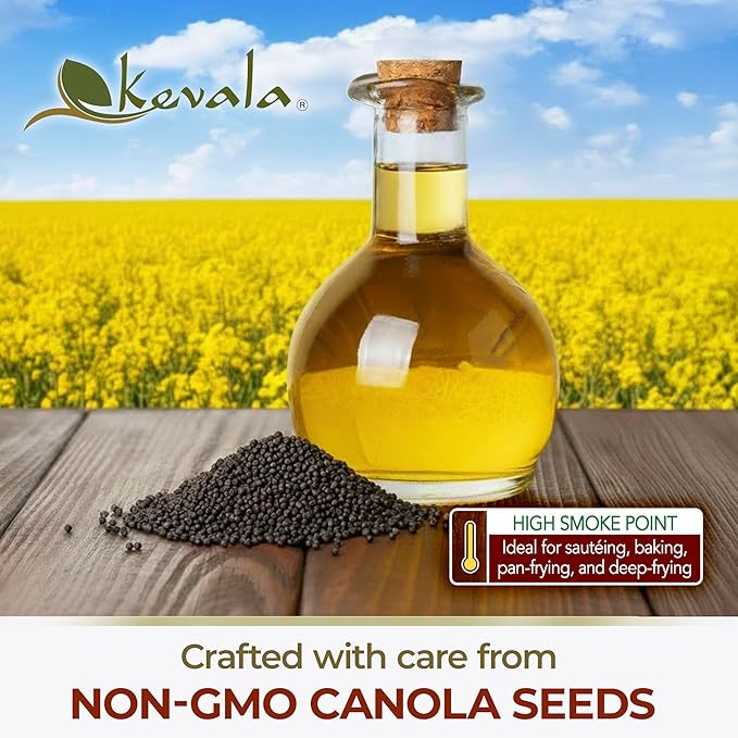 Kevala Canola Oil - Delicate Oil for Cooking and Baking with Mild Scent and Flavor Made with Carefully Selected non-GMO Seeds Great for Frying Crispy Snacks and Making Pasta Sauces 128 fl oz 1 gal