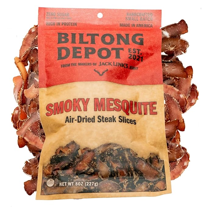 Biltong Depot Smoky Mesquite Biltong Slices - 8oz | Air-Dried Beef Jerky Snack | High Protein | Paleo &amp Keto Friendly | Zero Sugar | Gluten Free | No Artificial Preservatives | No MSG