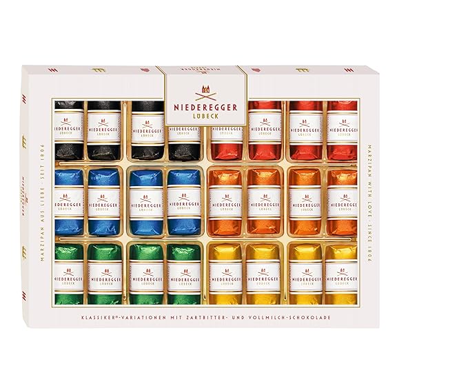 Niederegger Classic Marzipan Assortment Covered with Dark &amp Milk Chocolate 300g / 10.5oz | 24 Pieces per Box | 6 Variety - 4 Pineapple 4 Orange 4 Classic 4 Pistachio 4 Milk Chocolate &amp 4 E