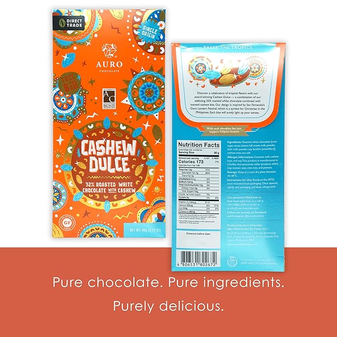 Auro Cashew Dulce 32% White Chocolate 5 Pack - Filipino Chocolate - Premium Made At Origin Direct Trade Bean-to-Bar Woman Owned BIPOC Owned - Gluten-Free Halal - Bundle