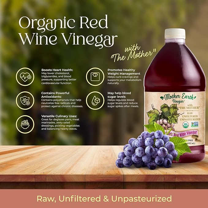 Mother Earth Organic Red Wine Vinegar with The Mother Fresh Pressed Organic Cabernet Grapes ORWV RWV Raw Unpasteurized Unfiltered (1/64oz)