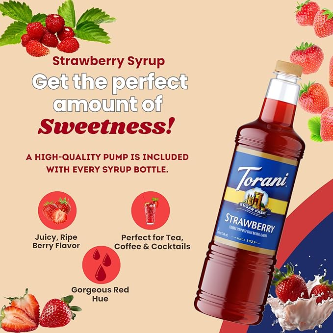 Torani Sugar Free Strawberry Syrup 1 Liter Bottle with Pump – Zero Calorie Keto-Friendly Drink Flavoring for Coffee Cocktails Mocktails Sodas &amp Desserts – No Sugar Low Carb Beverage Enhancer
