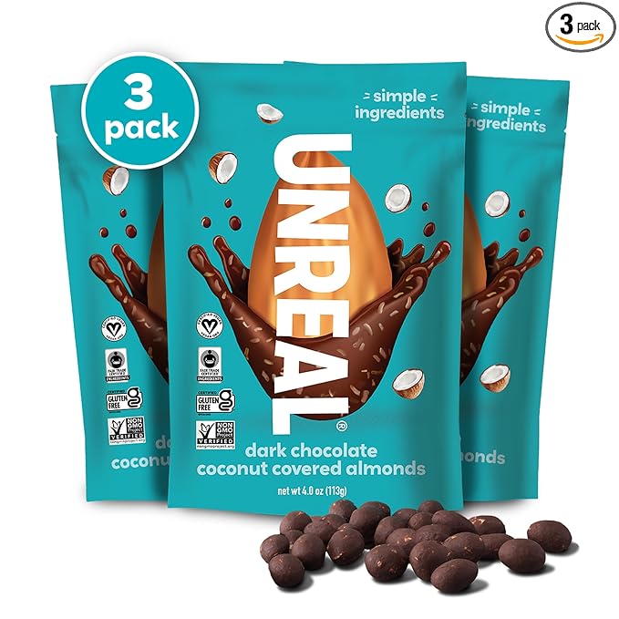 UNREAL Dark Chocolate Coconut Almonds (3 Pack) - Certified Vegan Gluten Free Fair Trade Non-GMO No Sugar Alcohols or Soy (3 bags)