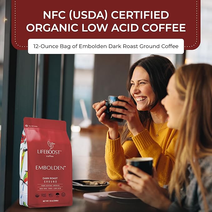 Lifeboost Dark Roast Ground Coffee - Non-GMO Low Acid Single Origin USDA Organic Dark Roast Coffee - Third Party Tested For Mycotoxins &amp Pesticides - 12 Ounces