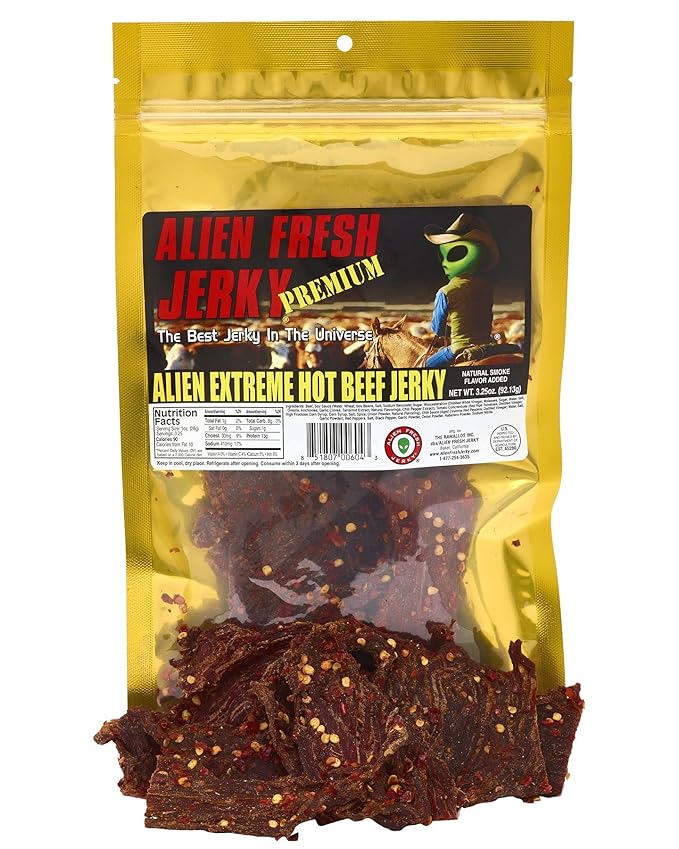 Alien Fresh Jerky - Spicy Trio Variety Bundle | Road Kill Original - Southwest Hot - Extreme Hot | Premium Beef - Low Calorie Snack - The Best Jerky In The Universe - Made In USA 3 Pack Sampler Set