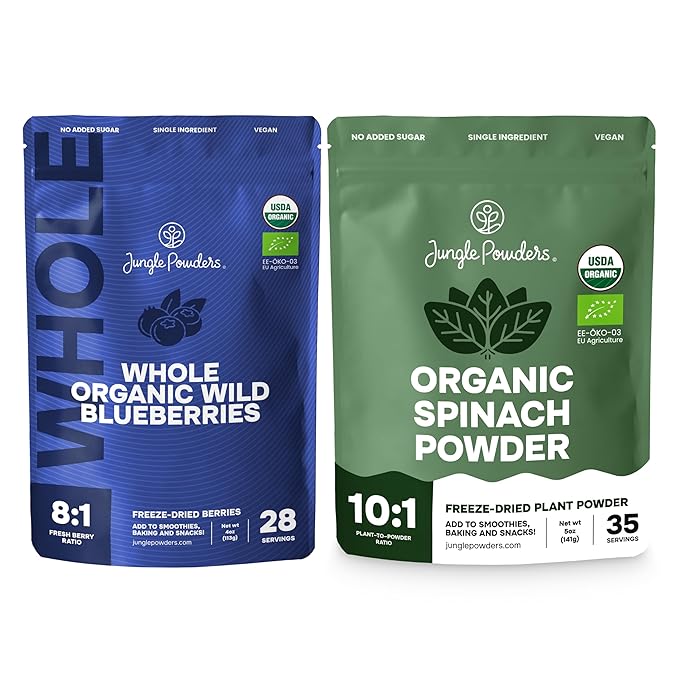 Jungle Powders Freeze Dried Whole Organic Wild Blueberries 4oz &amp Spinach Powder 5oz Bundle – Freeze Dried Whole Fruit &amp Leaf No Sugar Added Superfoods for Smoothies Baking &amp Immune Supp