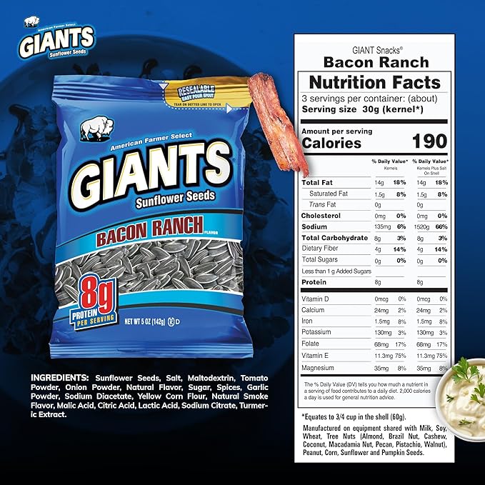 Giants Bacon Ranch Sunflower Seeds Bulk - Flavored Sunflower Seed Snack Roasted Sunflower Seeds to Eat - 5 oz Resealable Bags (Pack of 12)