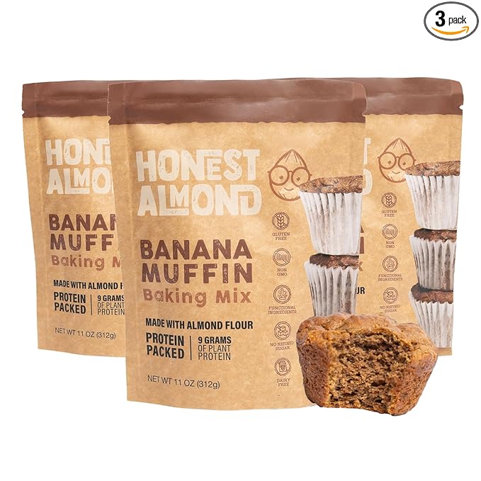 Honest Almond Protein Banana Muffin Mix | Almond Flour Baking Mix | Gluten-Free Dairy-Free Plant-Based Healthy All-Natural Low Sugar | 11 Oz (12 Servings Per Package) (Pack of 3)
