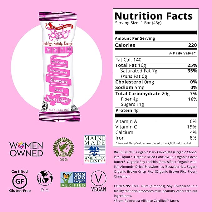 Bixby Dark Chocolate Candy Bars | Dark Chocolate Strawberry Cinnamon and Almond | Non GMO Gluten Free Vegan Chocolate Bar | Bulk Chocolate Bars 1.5oz (12-pack) | Chocolate Gift