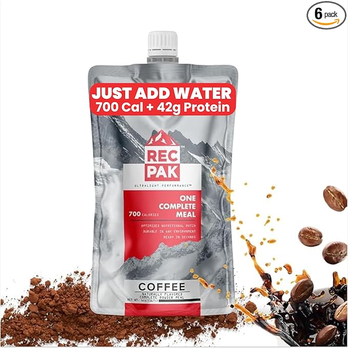 RecPak | 700 Cal 43g Protein Complete Nutrition for Backcountry Athletes | No-Cook Lightweight Liquid Meal for Mountaineering Backpacking Sking Hunting |Just Add Water &amp Go I Coffee (6-Pack)