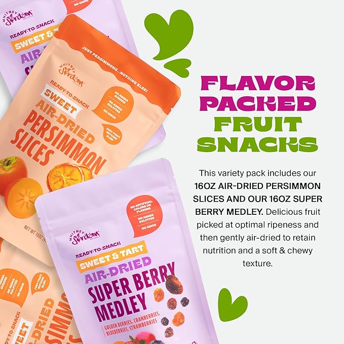 Whitney Jordan Naturals Air-Dried Fruit Variety Pack 16 Oz Pack of 2 - Super Berry Medley &amp Persimmon Slices - Gluten-Free Non-GMO Vegan Snack - Real Fruit for Clean Snacking