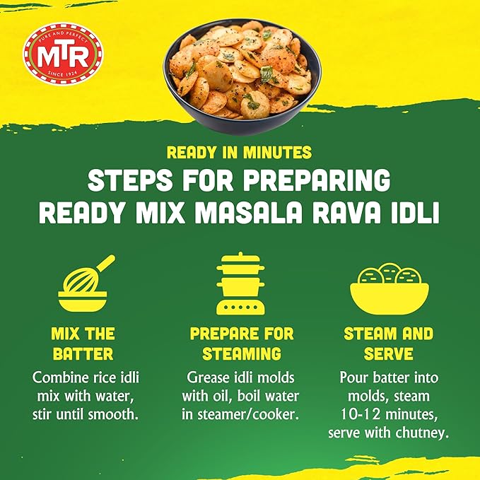 MTR Instant Masala Rava Idli Mix - Ready to Cook Authentic Indian Breakfast Lunch Dinner or Snack Meal - No Added Preservatives - A Quick &amp Easy Recipe Suitable for Vegetarians - (500g Pack of