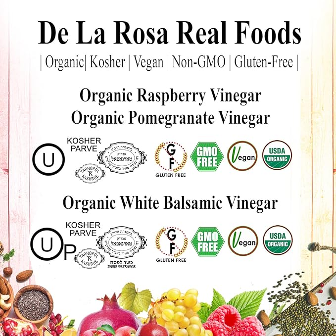 De La Rosa Organic Vinegar Gift Box Raspberry Pomegranate &amp White Balsamic Vinegar Vegan Kosher Non-GMO &amp Gluten Free Great for Salad Dressing Marinades &amp More 8.45 Oz (Pack of 3)