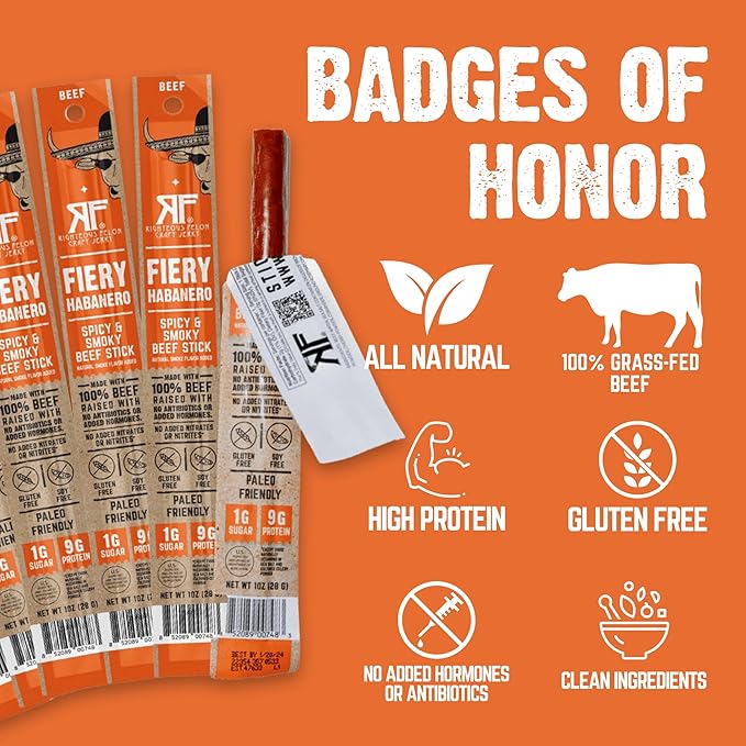 Righteous Felon Meat Sticks | 100% Grass Fed Beef | 9g Protein per Stick | Keto Gluten-Free Low Sugar High Protein Snack Sticks | Individually Wrapped | Fiery Habanero Beef Sticks 10 Count