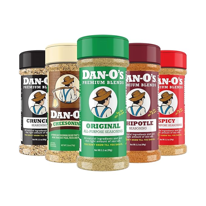 Dan-O's 5 Bottle Seasoning Set Small Bottles 5 Pack Includes Original Spicy Chipotle Crunchy and Cheesoning Seasonings Sugar Free Zero Calorie All-Purpose Seasoning Kit