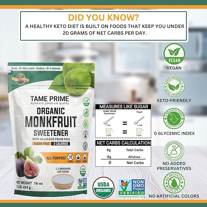 Tame prime USDA Organic Monkfruit sweetener with Allulose from figs 1 lb (454 g) 1:1 sweet like sugar organic monk fruit without erythritol 0 calories 0 Glycemic index Keto